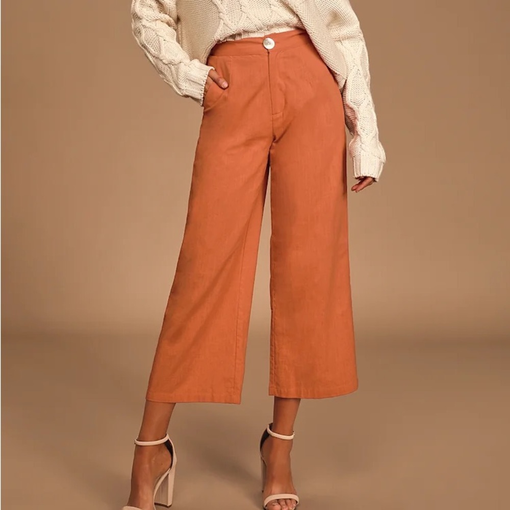 Charlie Holiday Tulum Rust Orange Wide-Leg Cropped Pants